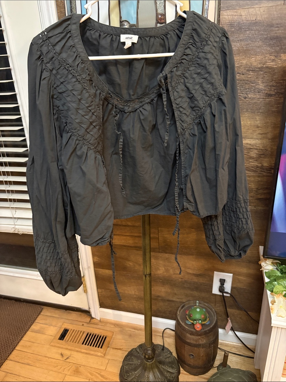 Aerie Black Peasant Blouse with Smocked Details